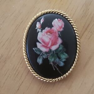 Elegant Pink Rose Brooch with Gold Trim